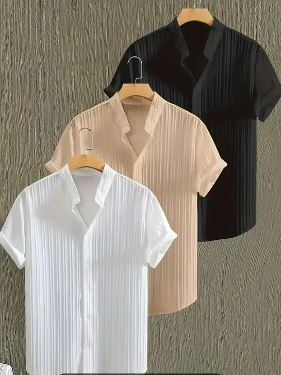 Stylish Men’s Solid Retro Shirts – Short Sleeves, Mandarin Collar, Pack of 3