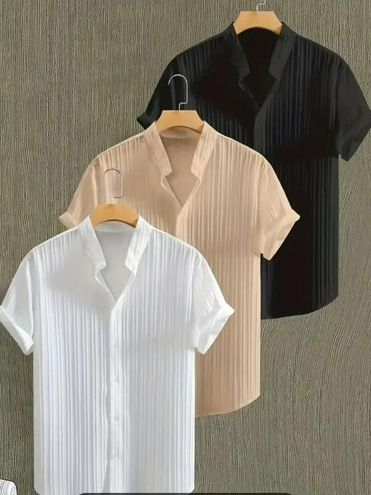 Stylish Men’s Solid Retro Shirts – Short Sleeves, Mandarin Collar, Pack of 3
