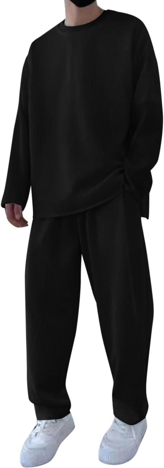 Men's Solid Round Neck Co-ord Set – Black (T-Shirt & Track Pants)