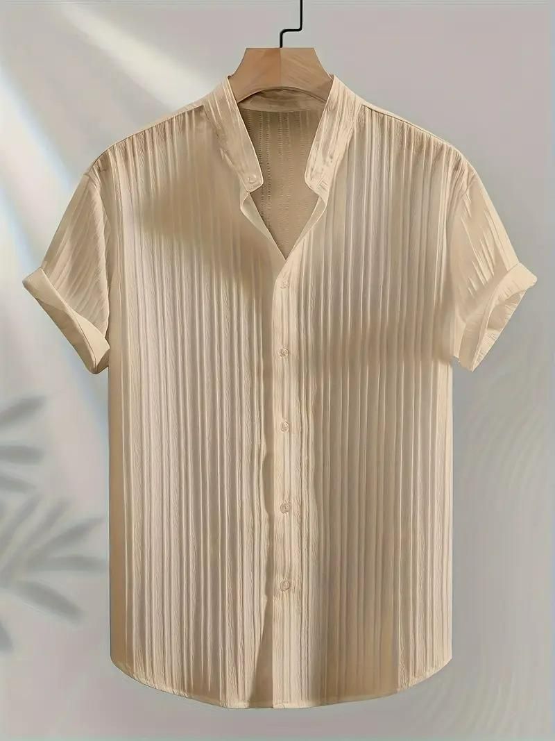 Stylish Men’s Solid Retro Shirts – Short Sleeves, Mandarin Collar, Pack of 3